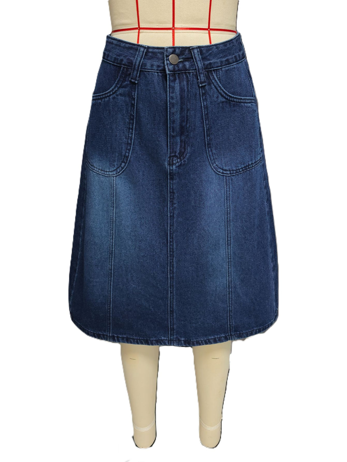 Midi Denim Skirt With Front Pockets - DarkBlue - 1