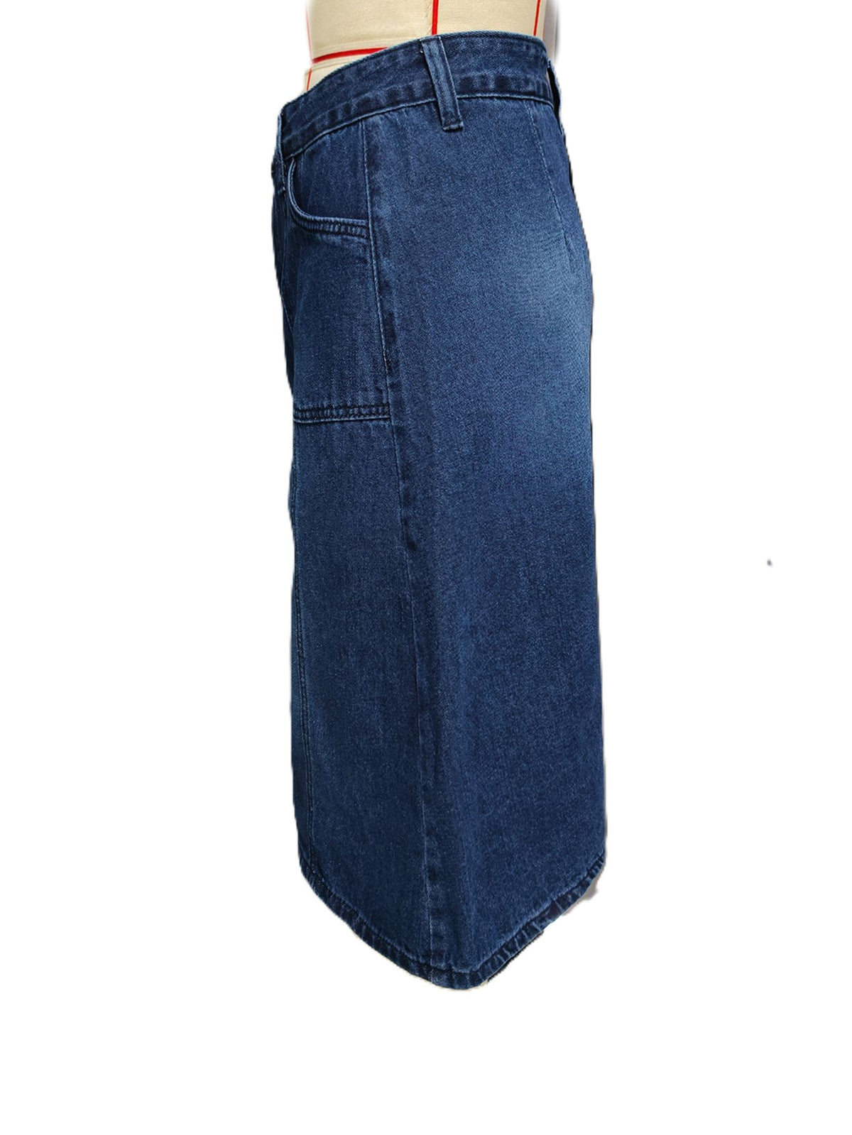 Midi Denim Skirt With Front Pockets - DarkBlue - 2
