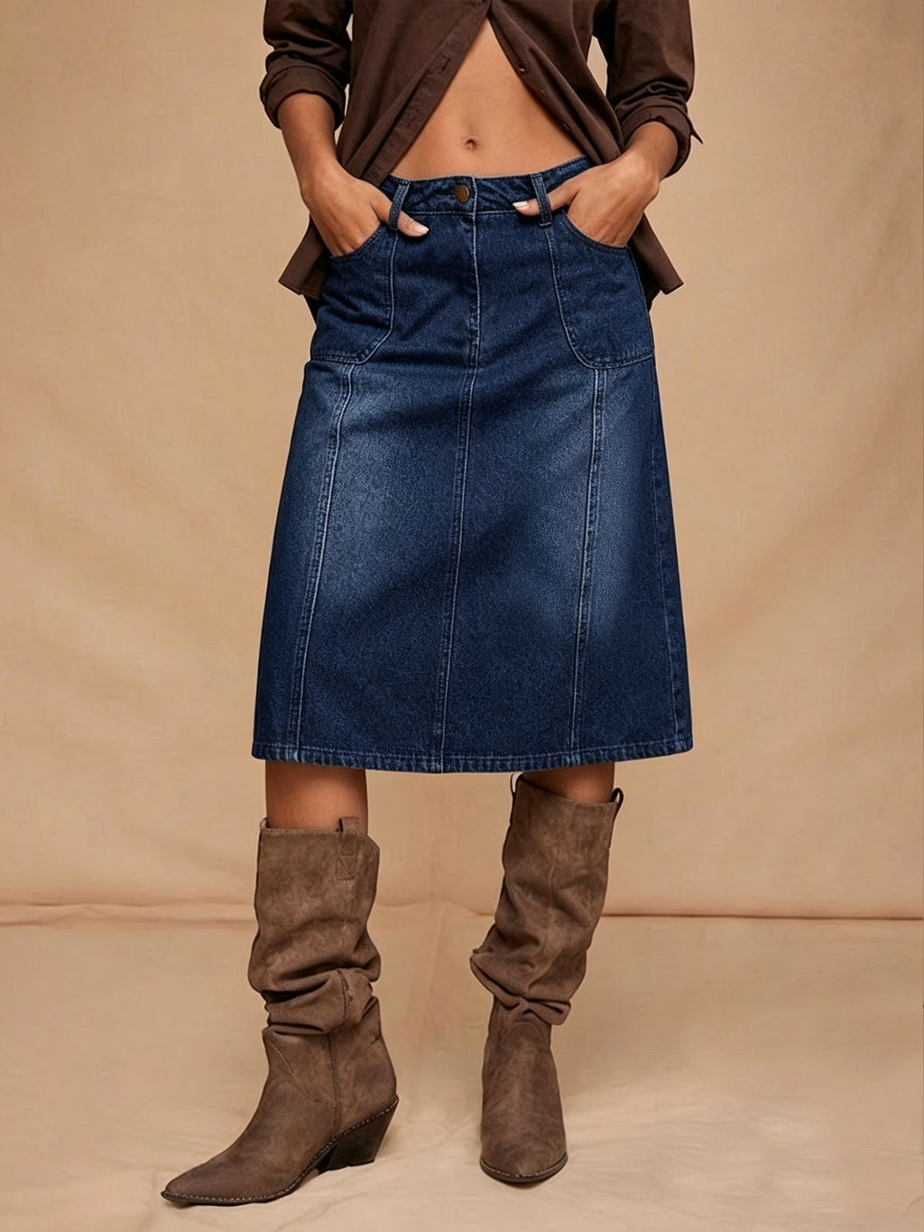 Midi Denim Skirt With Front Pockets - DarkBlue - 4