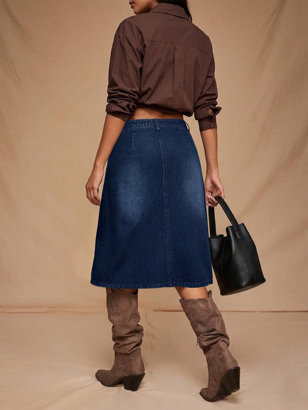 Midi Denim Skirt With Front Pockets - DarkBlue - 5
