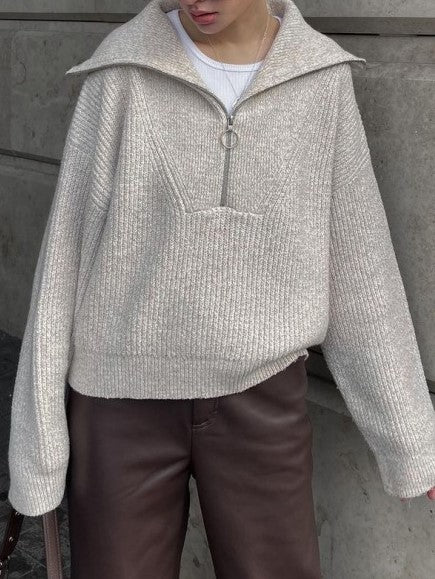 Half Zip Drama Collar Knit Sweater - grey