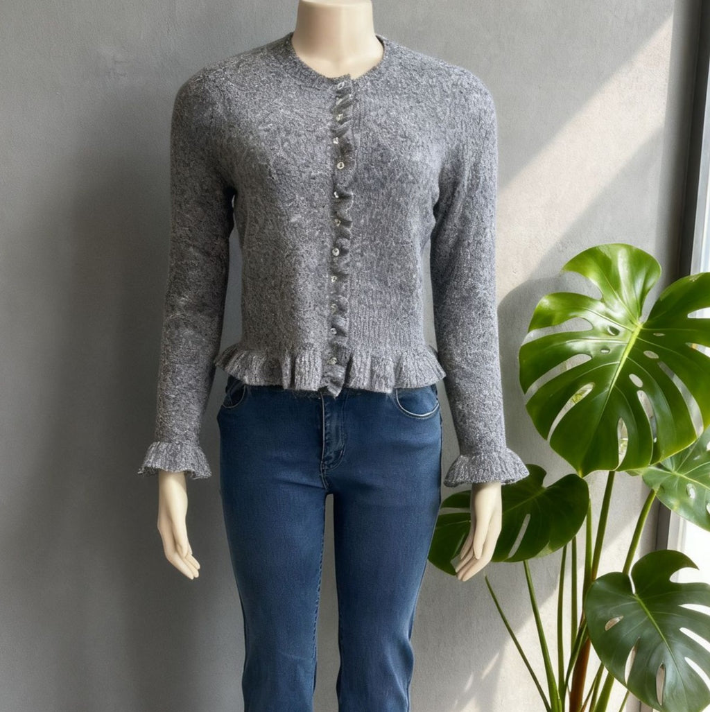 Ruffle Hem Button Front Knit Cardigan - Grey