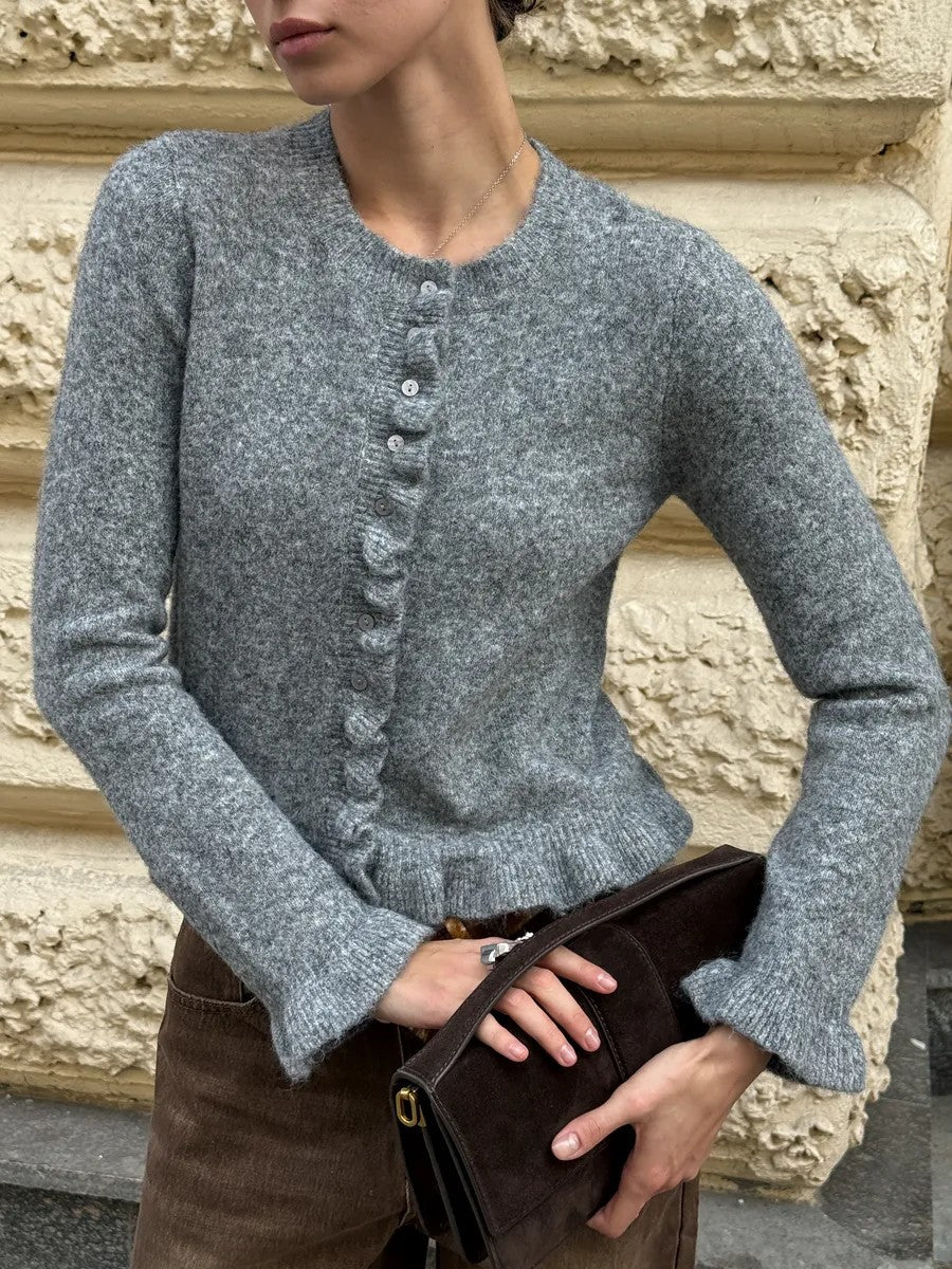 Ruffle Hem Button Front Knit Cardigan - Grey - 2