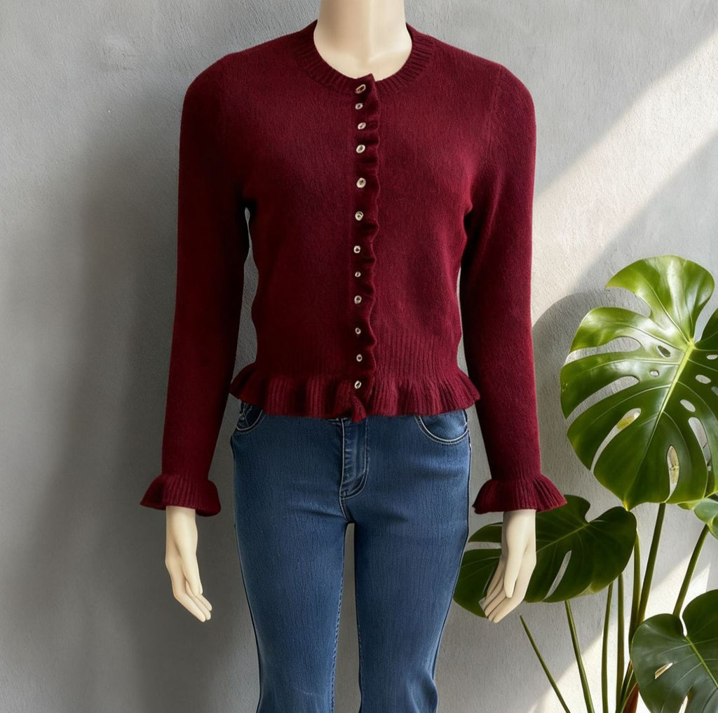 Ruffle Hem Button Front Knit Cardigan - Winered