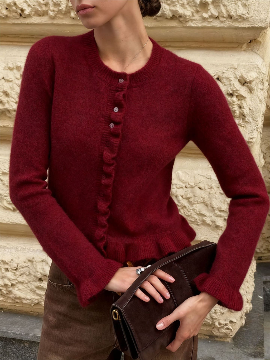 Ruffle Hem Button Front Knit Cardigan - Winered - 1