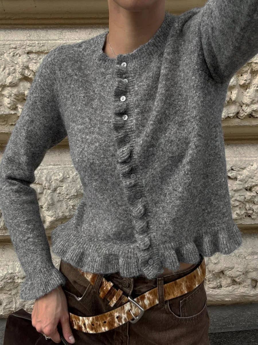 Ruffle Hem Button Front Knit Cardigan