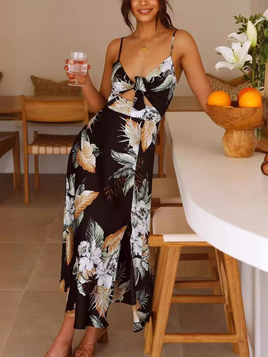 Tropical Floral Tie Front Maxi Dress - Black