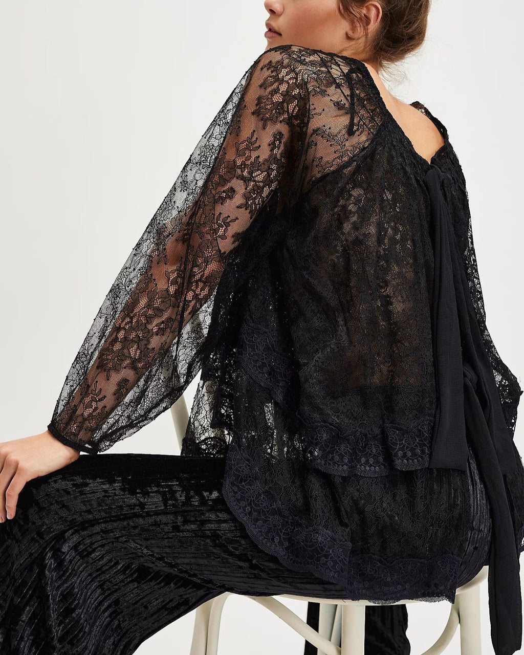 Sheer Lace Tiered Bishop Sleeve Blouse - Black - 1