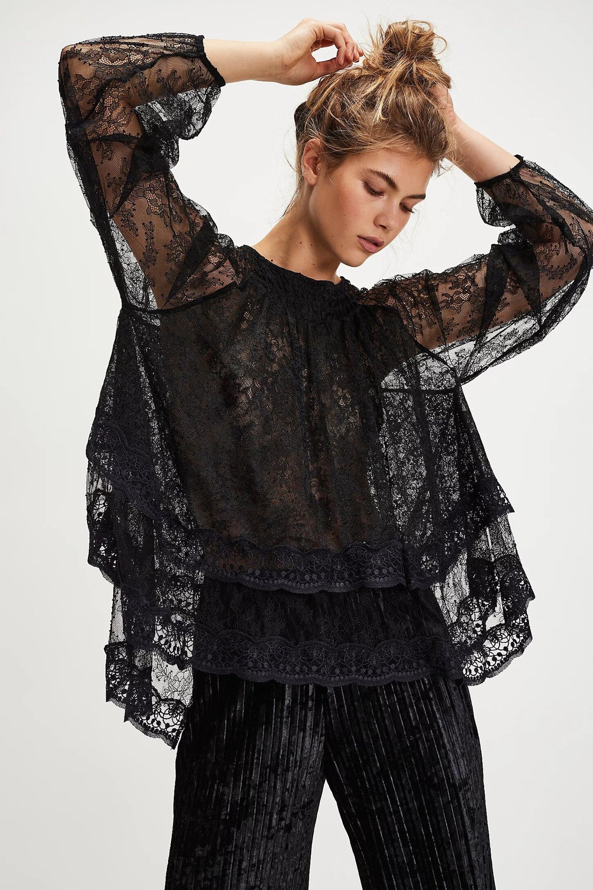 Sheer Lace Tiered Bishop Sleeve Blouse - Black - 2