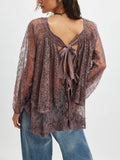 Sheer Lace Tiered Bishop Sleeve Blouse - DkPurple