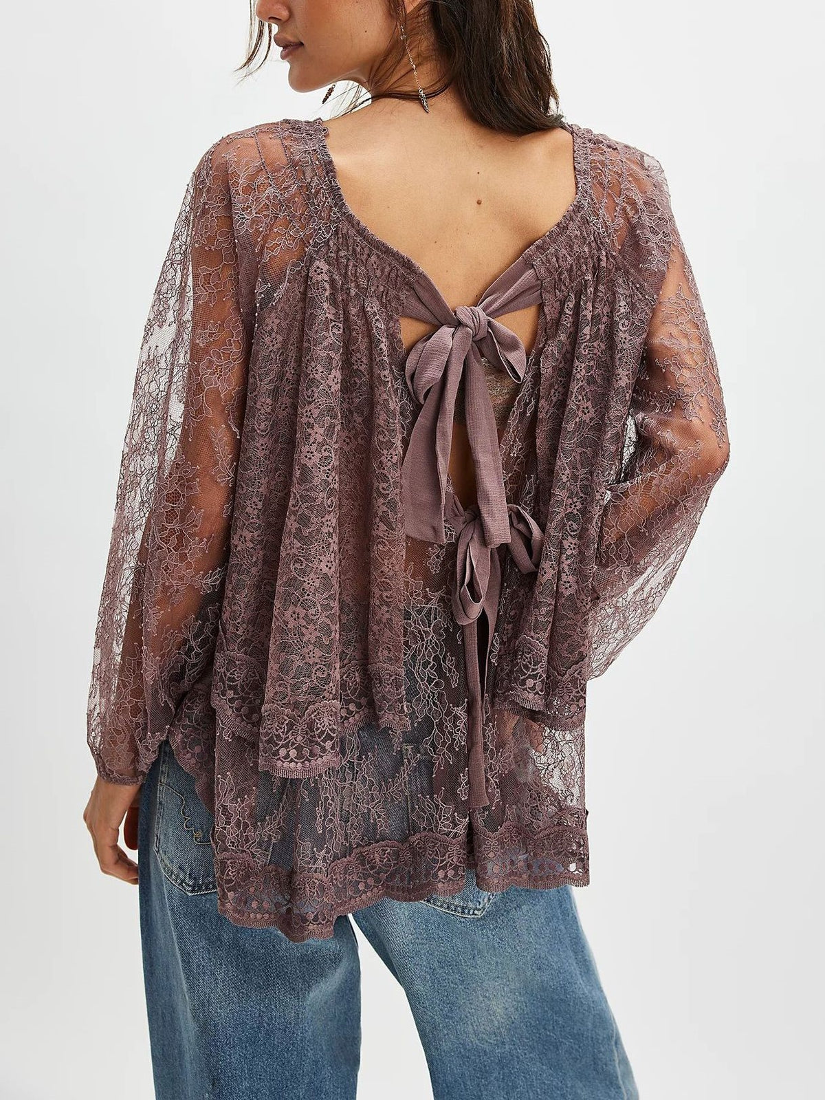Sheer Lace Tiered Bishop Sleeve Blouse - DkPurple