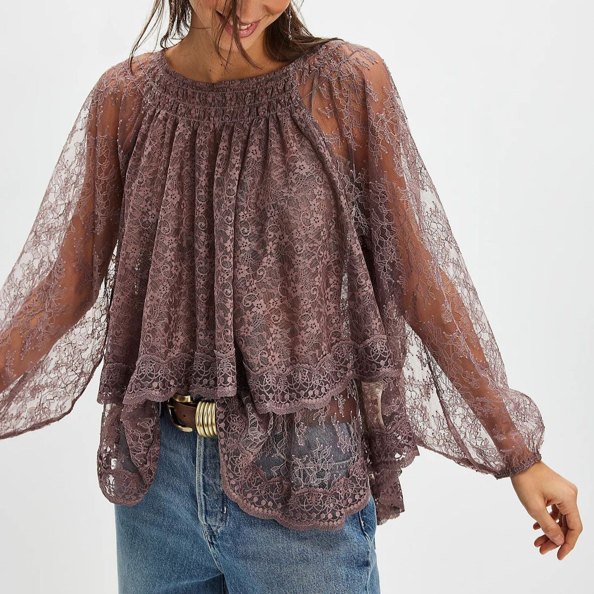 Sheer Lace Tiered Bishop Sleeve Blouse - DkPurple - 1