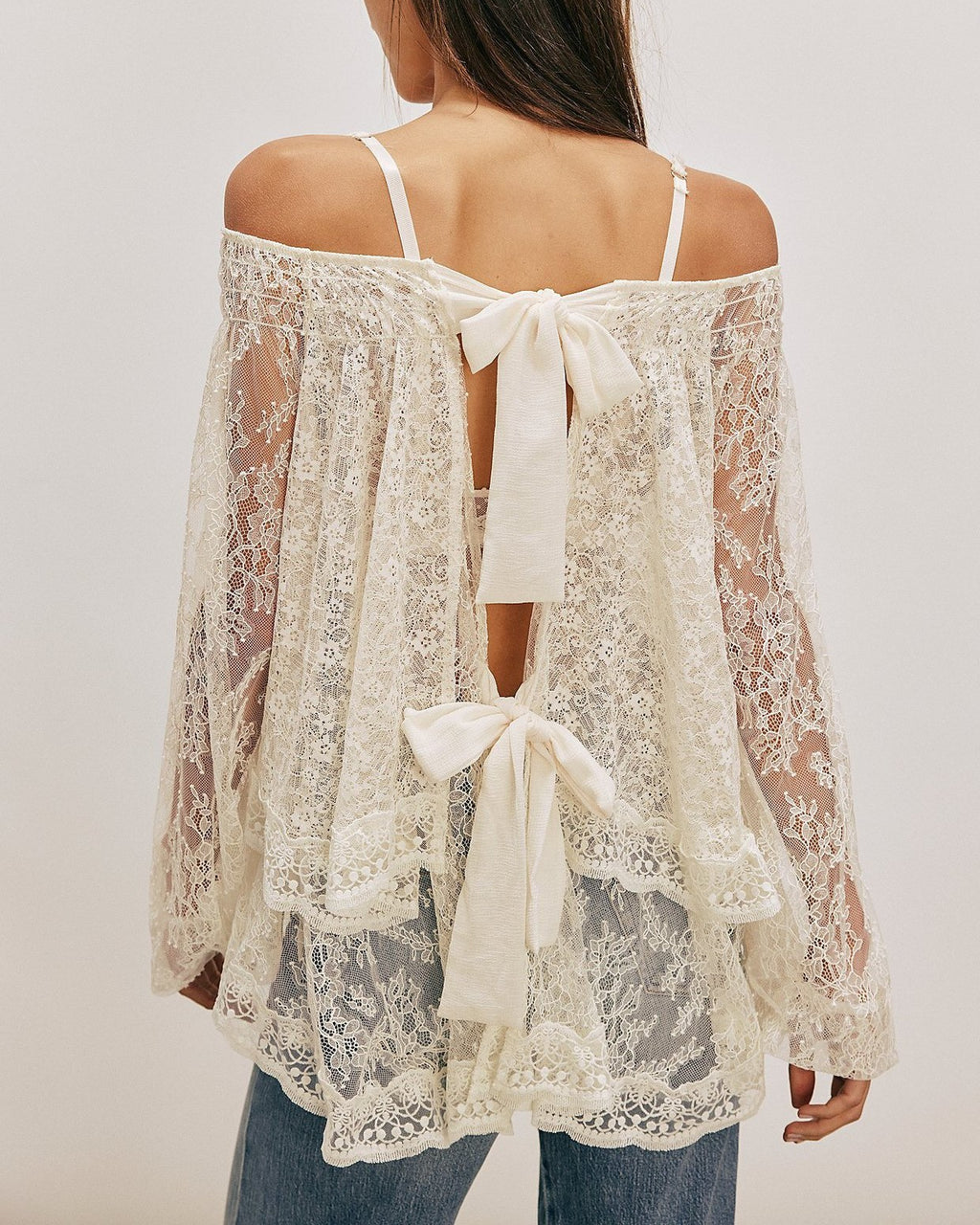 Sheer Lace Tiered Bishop Sleeve Blouse - White - 1