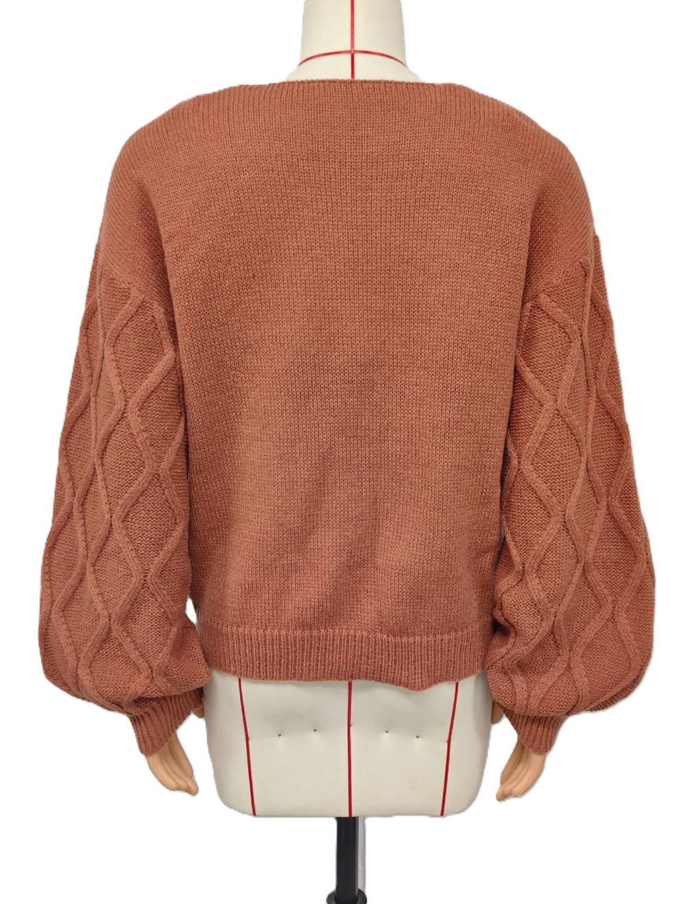 Bow Front V-Neck Diamond Cable Knit Sweater - Brown - 1
