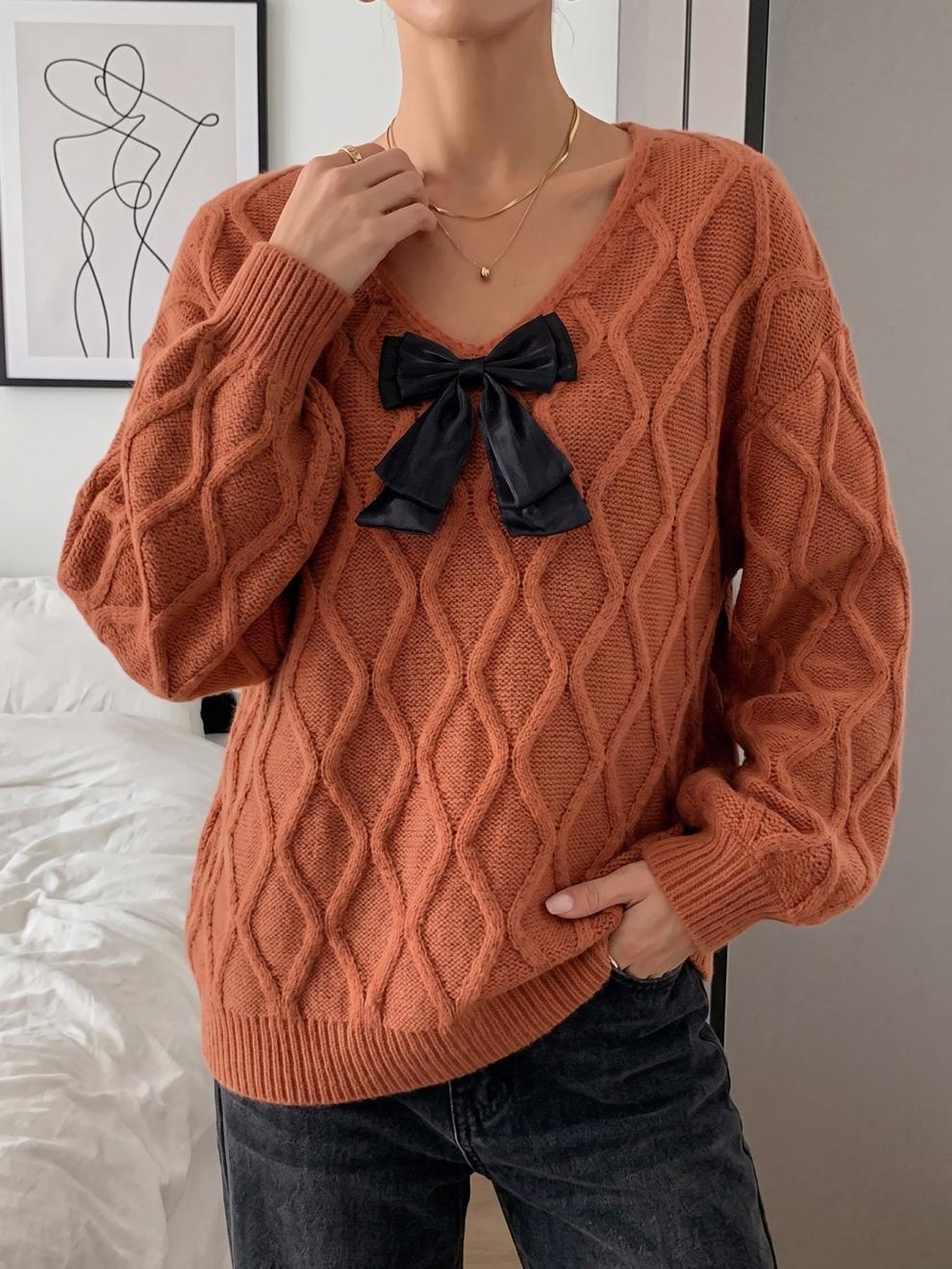 Bow Front V-Neck Diamond Cable Knit Sweater - Brown - 2