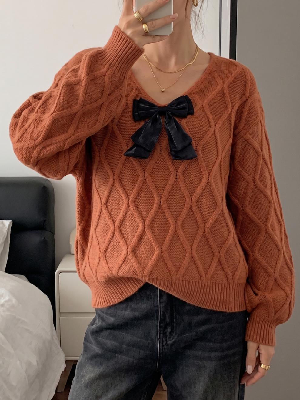 Bow Front V-Neck Diamond Cable Knit Sweater - Brown - 3