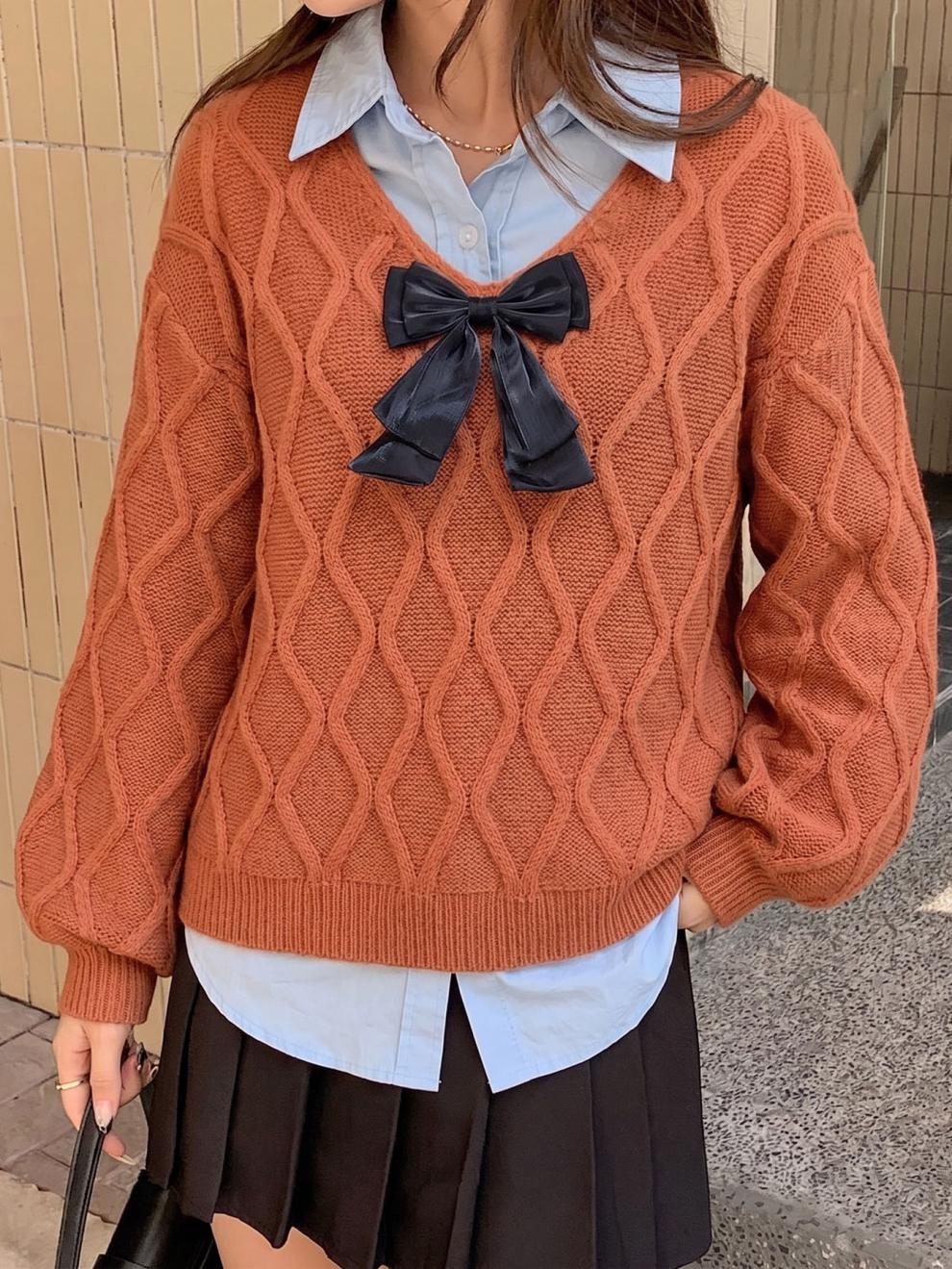 Bow Front V-Neck Diamond Cable Knit Sweater - Brown - 4