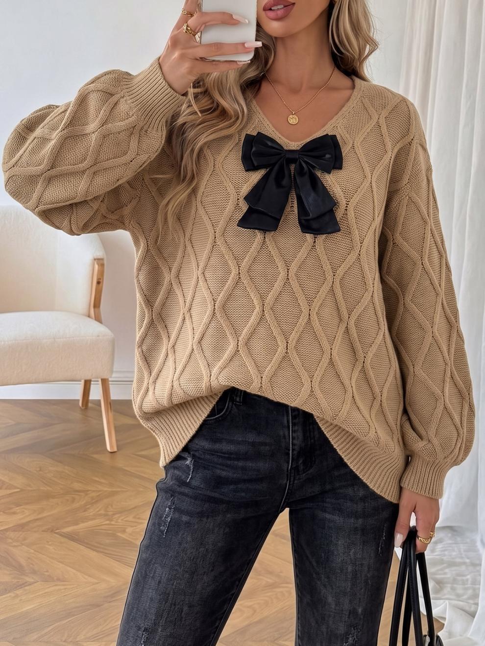 Bow Front V-Neck Diamond Cable Knit Sweater - Khaki - 1
