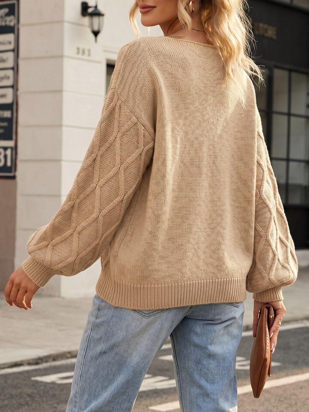 Bow Front V-Neck Diamond Cable Knit Sweater - Khaki - 2