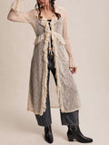 Boho Ruffle-Trim Sheer Lace Longline Duster - White