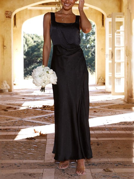 Satin Square Neck High Slit Maxi Dress - Black