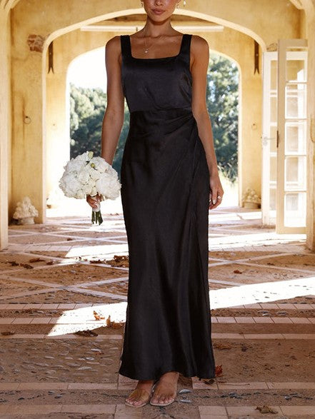 Satin Square Neck High Slit Maxi Dress - Black - 2