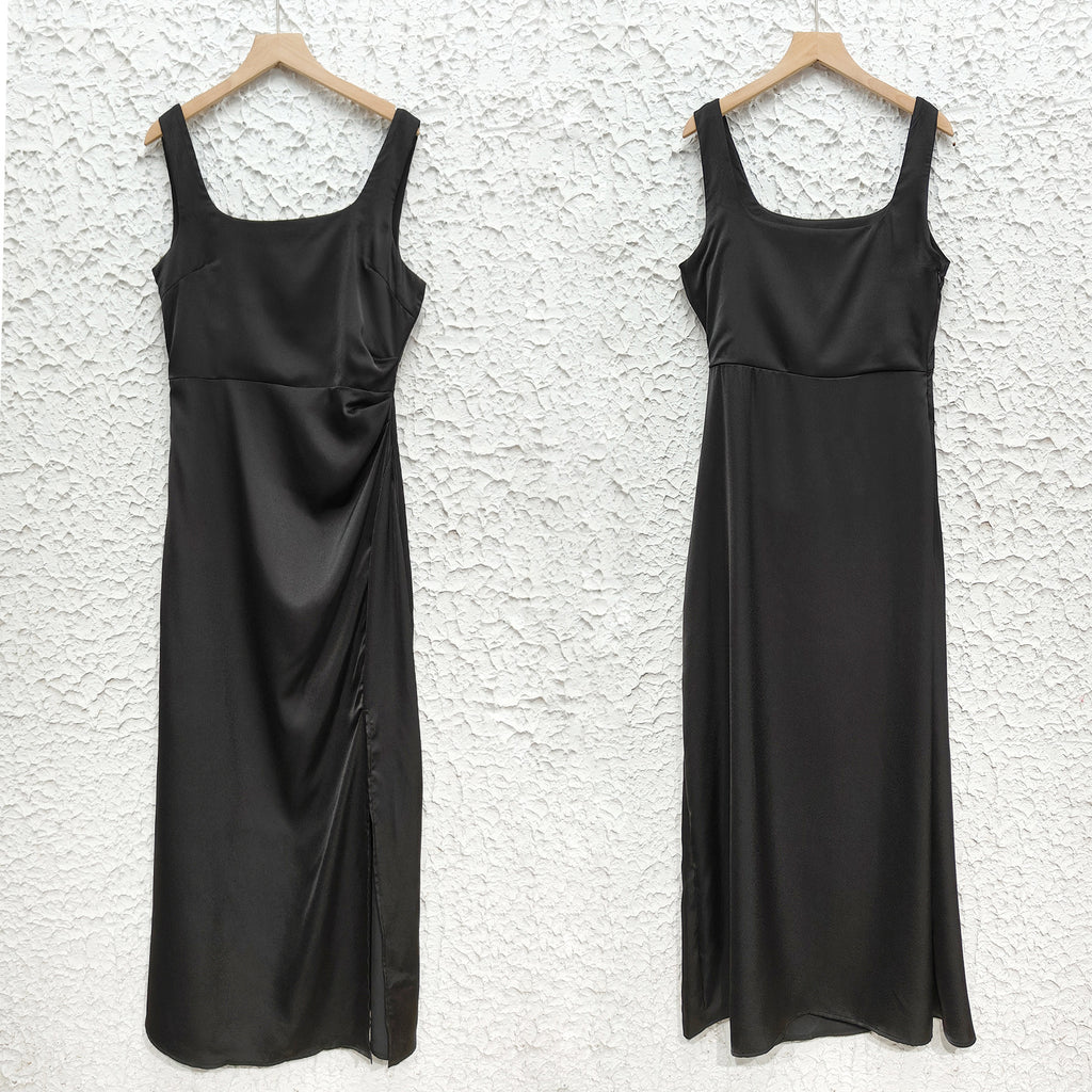 Satin Square Neck High Slit Maxi Dress - Black - 4