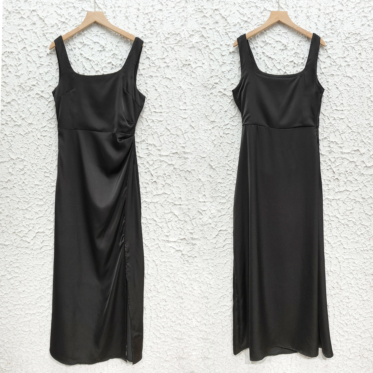 Satin Square Neck High Slit Maxi Dress - Black - 4