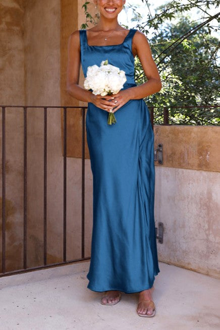 Satin Square Neck High Slit Maxi Dress - Blue