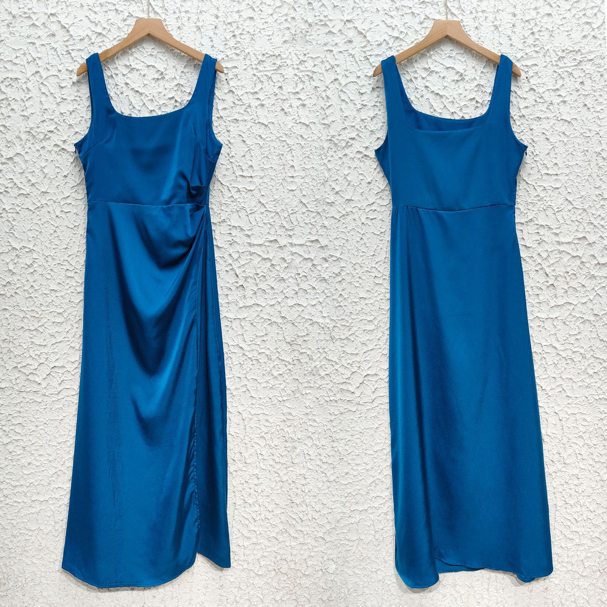 Satin Square Neck High Slit Maxi Dress - Blue - 4