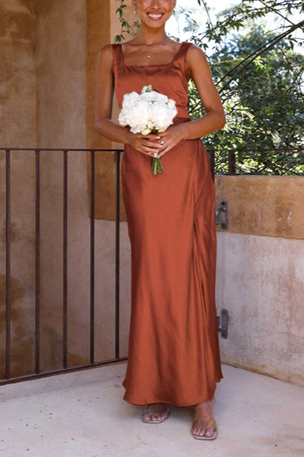 Satin Square Neck High Slit Maxi Dress - Coffee - 3