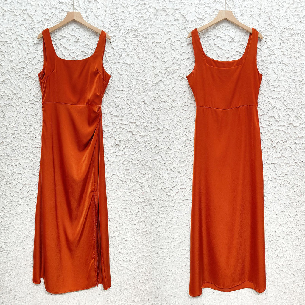 Satin Square Neck High Slit Maxi Dress - Coffee - 5