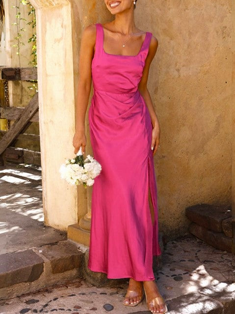 Satin Square Neck High Slit Maxi Dress - Rose Red