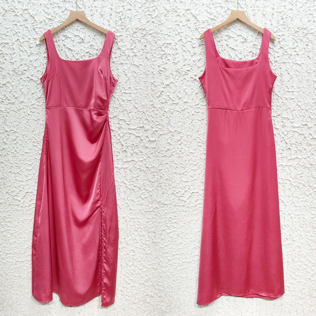 Satin Square Neck High Slit Maxi Dress - Rose Red - 4