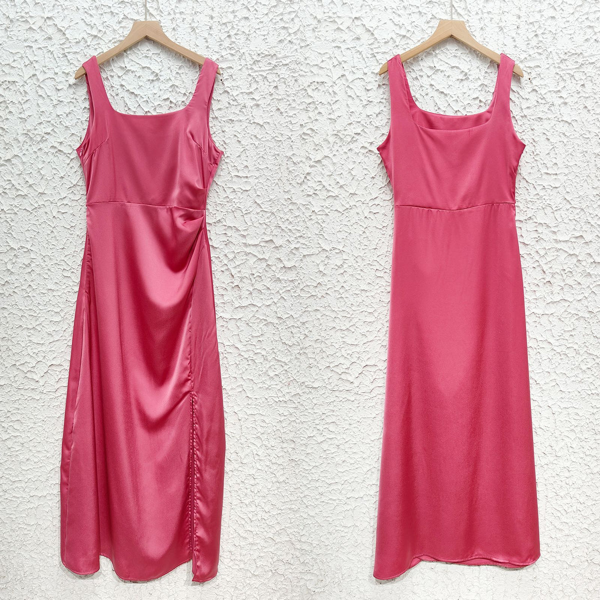 Satin Square Neck High Slit Maxi Dress - Rose Red - 4