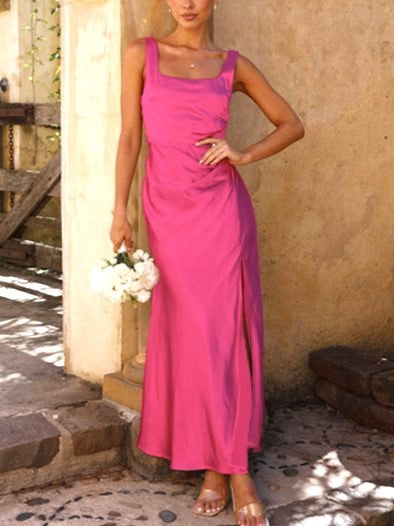 Satin Square Neck High Slit Maxi Dress