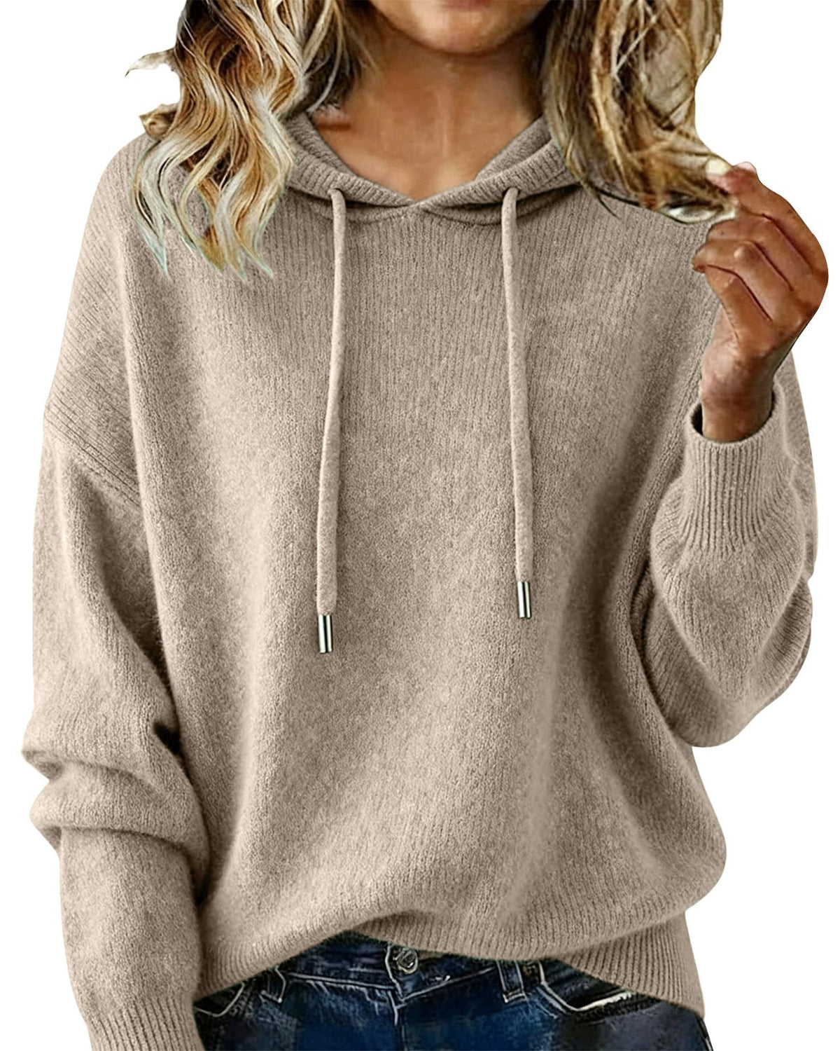Relaxed Hooded Knit Pullover Sweater - Apricot