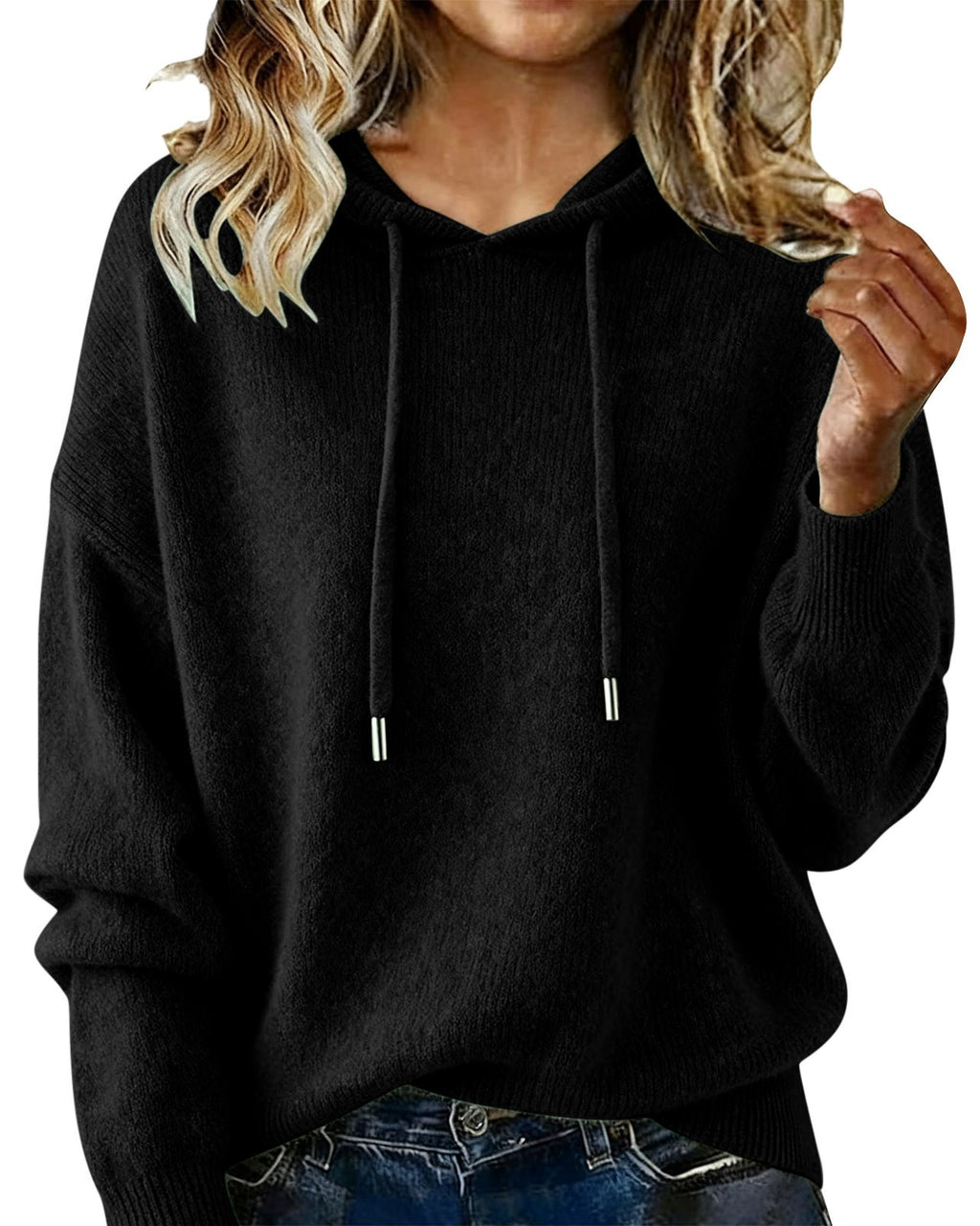 Relaxed Hooded Knit Pullover Sweater - Black