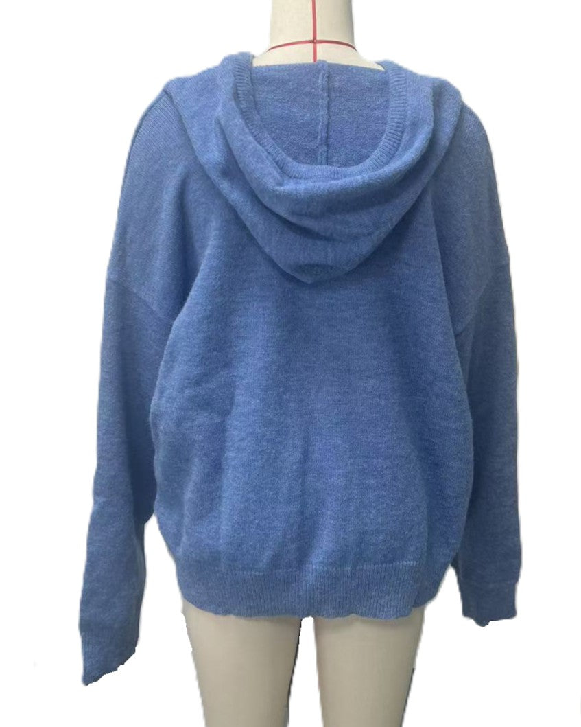 Relaxed Hooded Knit Pullover Sweater - Blue - 2