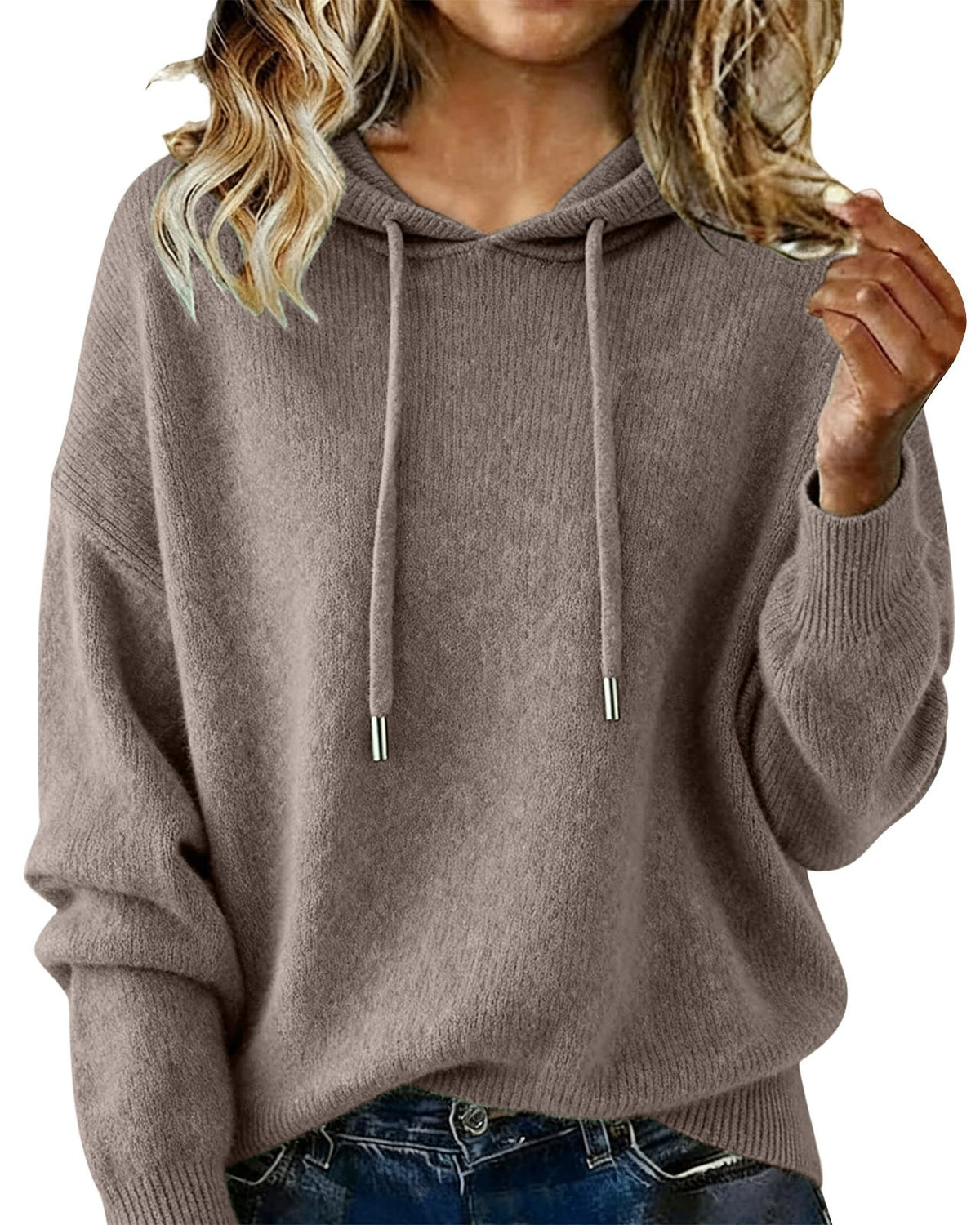 Relaxed Hooded Knit Pullover Sweater - Dark-Gray