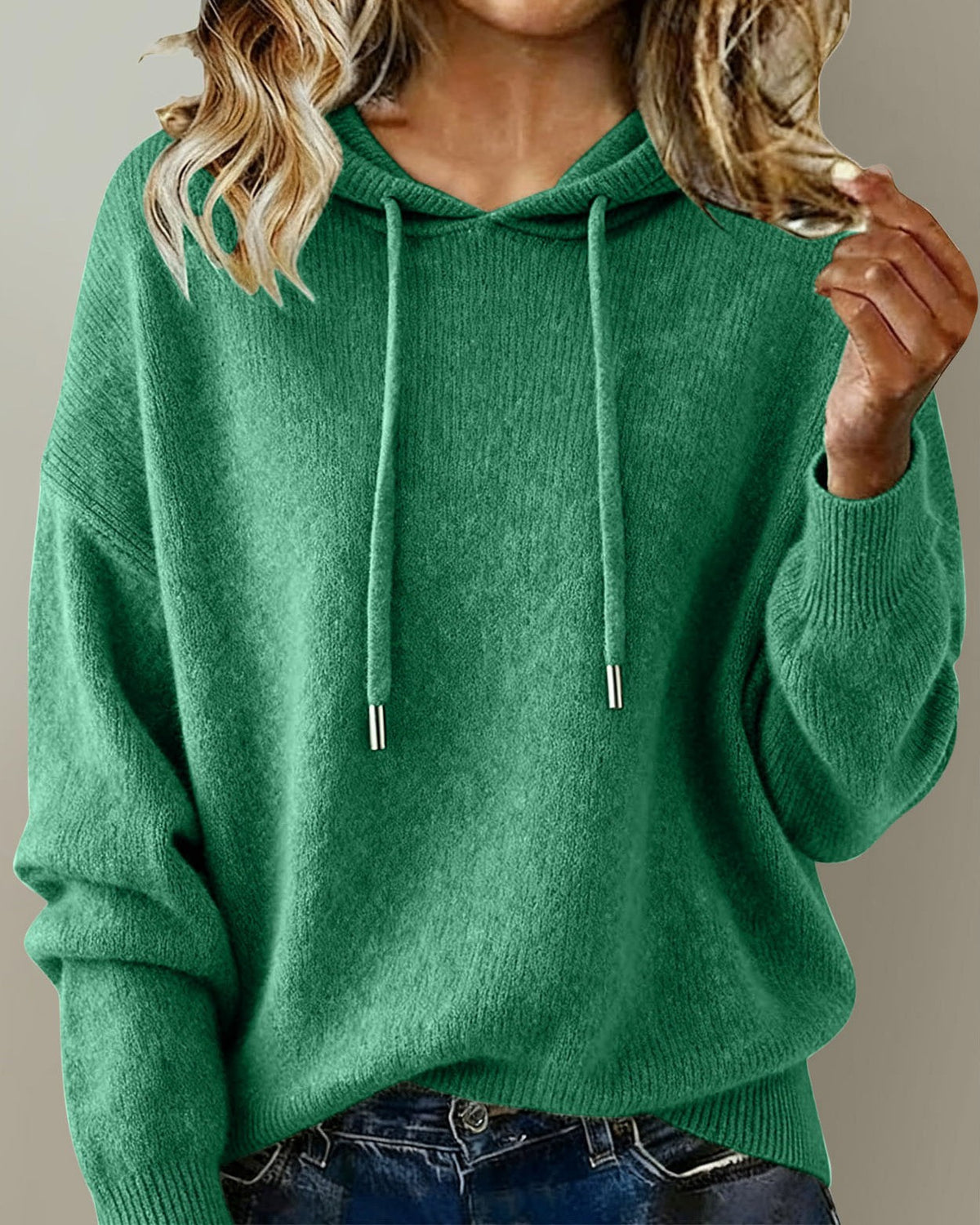 Relaxed Hooded Knit Pullover Sweater - Green