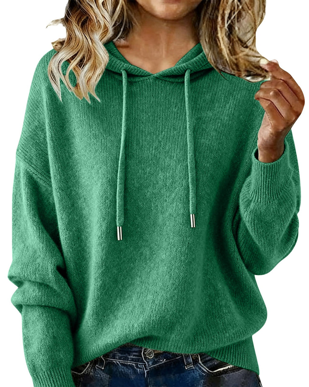 Relaxed Hooded Knit Pullover Sweater - Green - 1