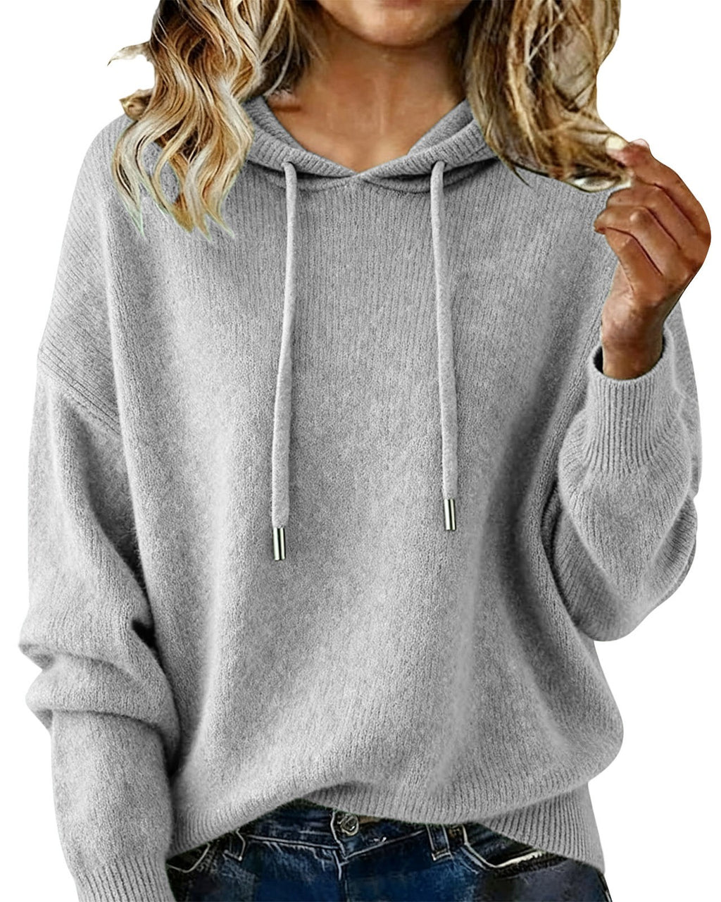 Relaxed Hooded Knit Pullover Sweater - Grey