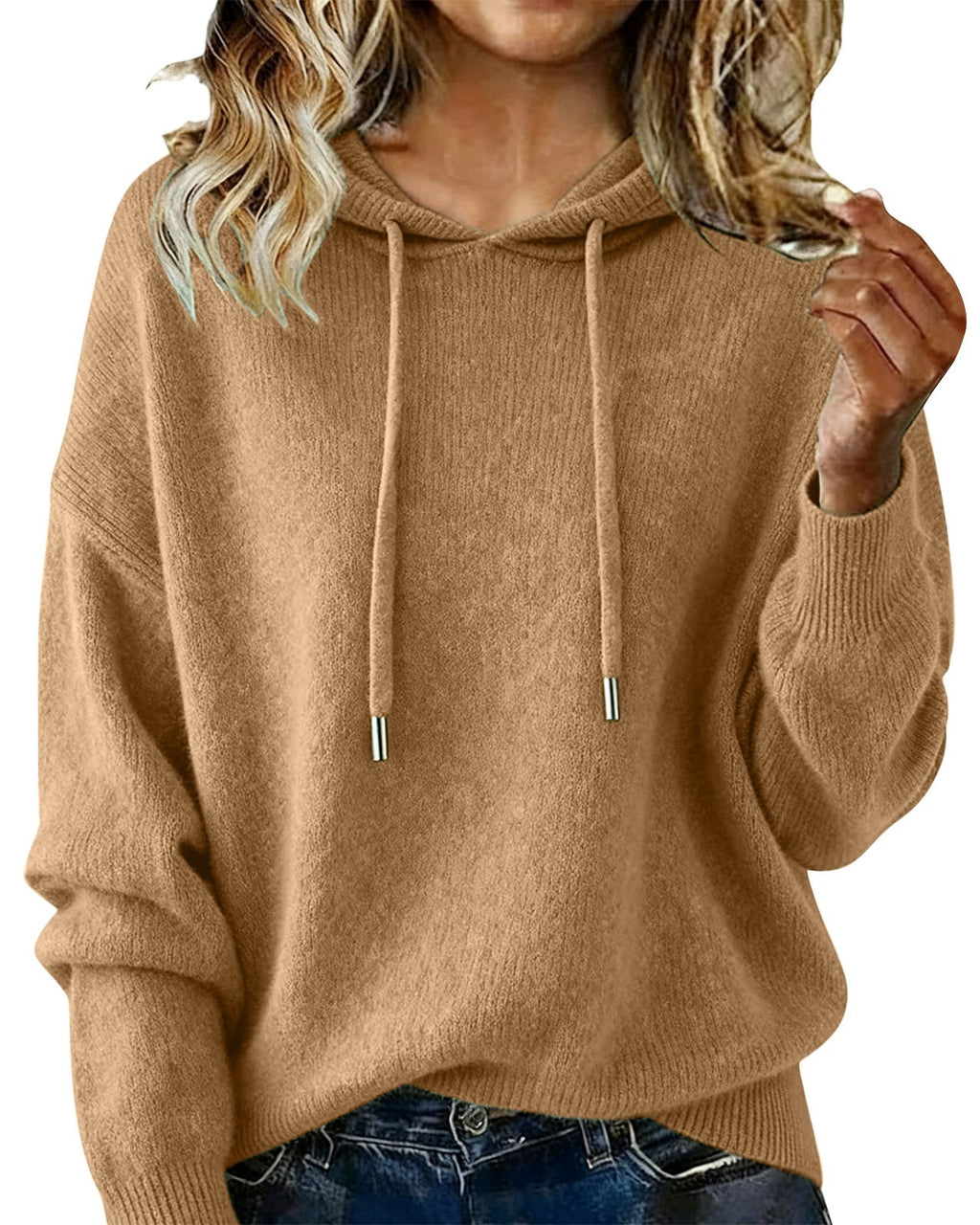 Relaxed Hooded Knit Pullover Sweater - Khaki