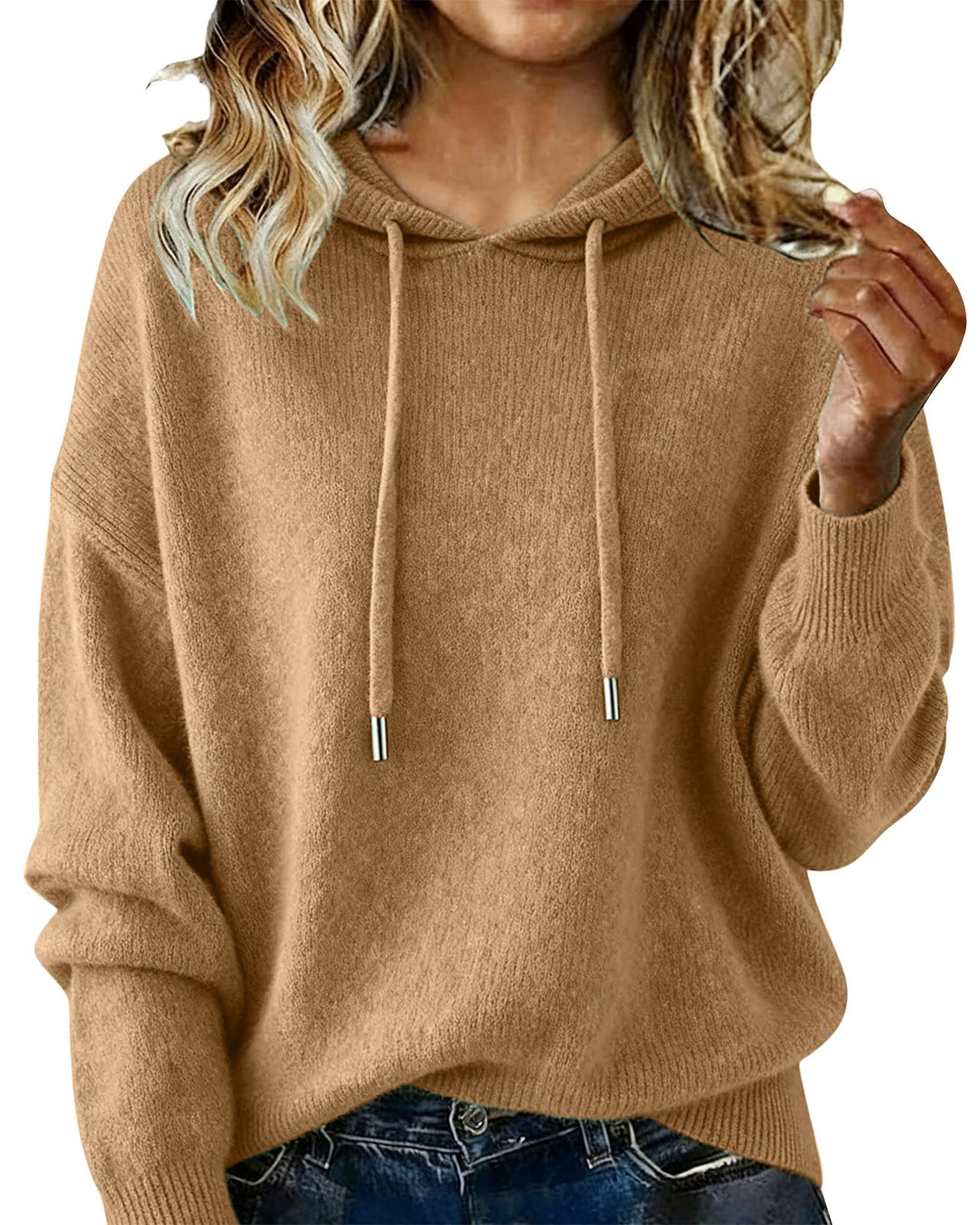 Relaxed Hooded Knit Pullover Sweater - Khaki