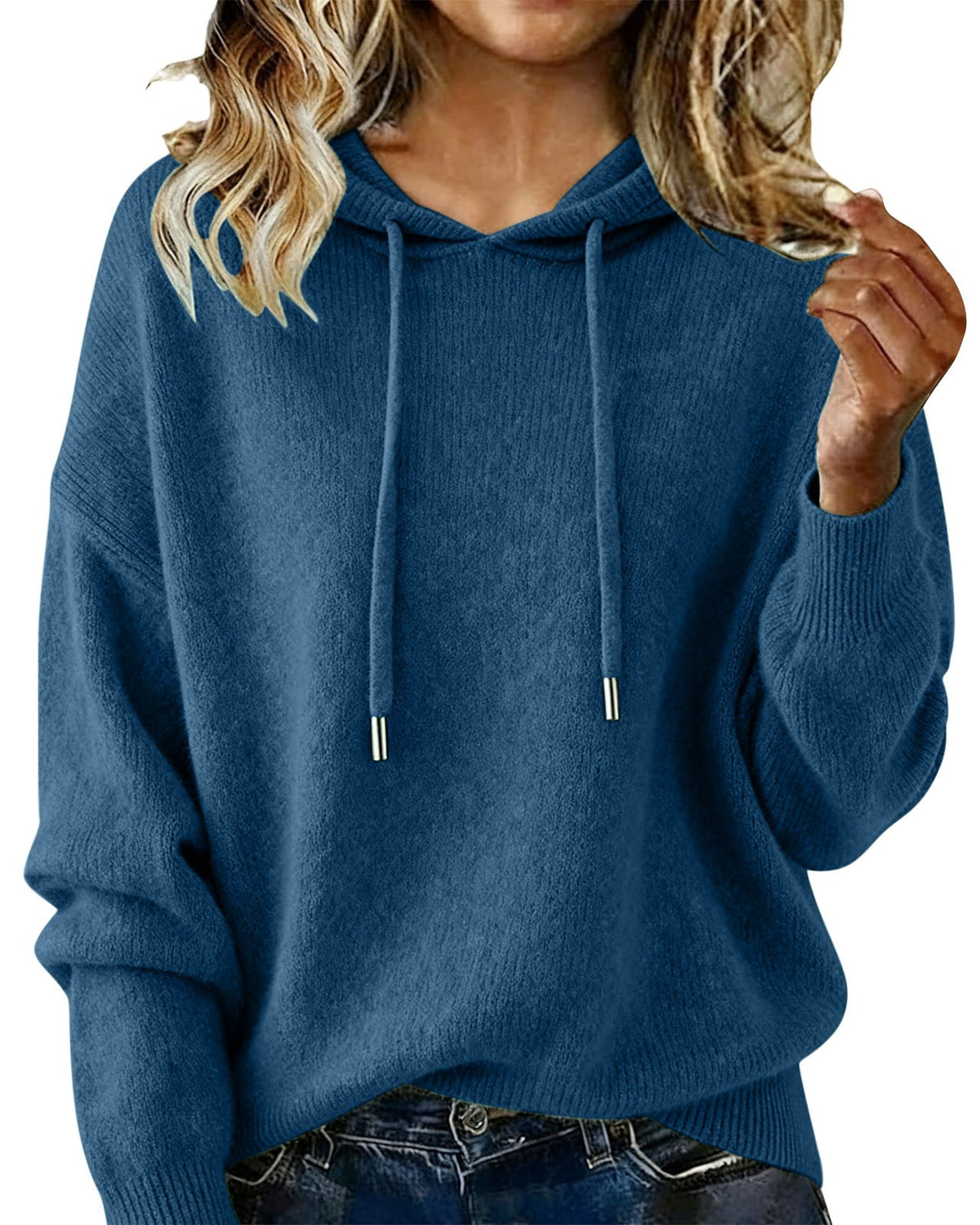 Relaxed Hooded Knit Pullover Sweater - Navy-Blue