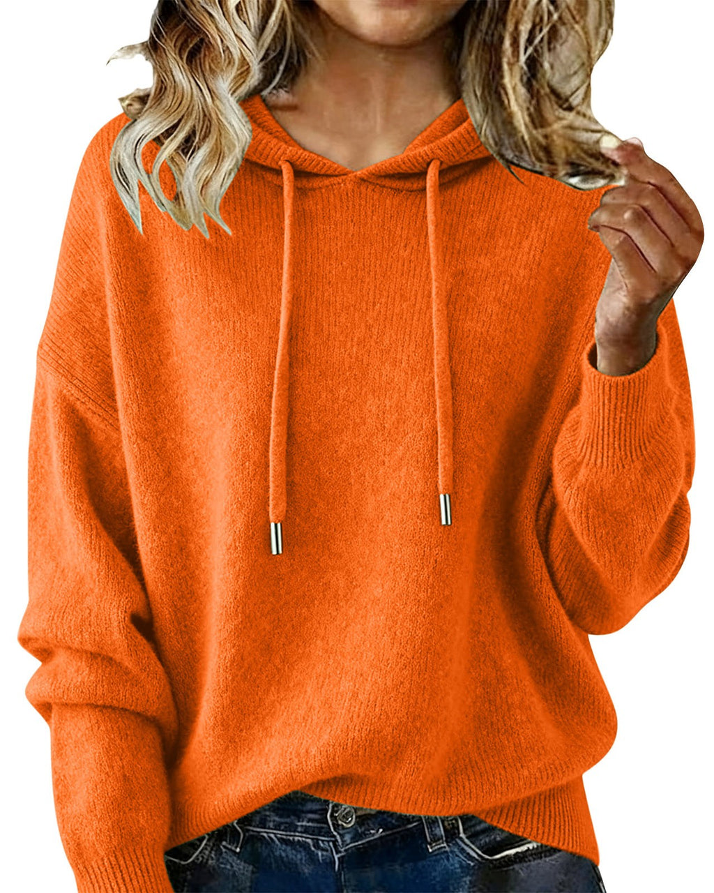 Relaxed Hooded Knit Pullover Sweater - Orange