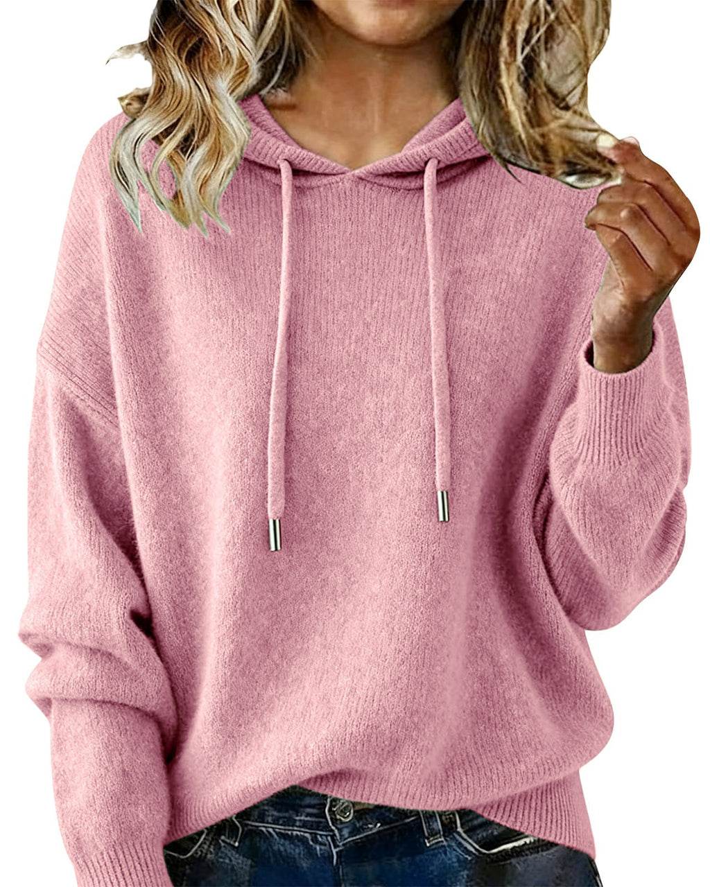 Relaxed Hooded Knit Pullover Sweater - Pink