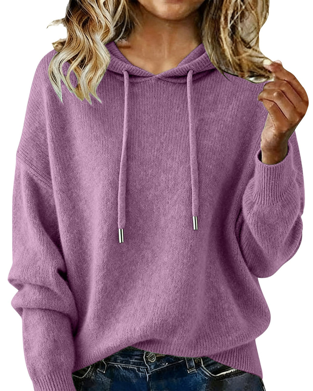 Relaxed Hooded Knit Pullover Sweater - Purple