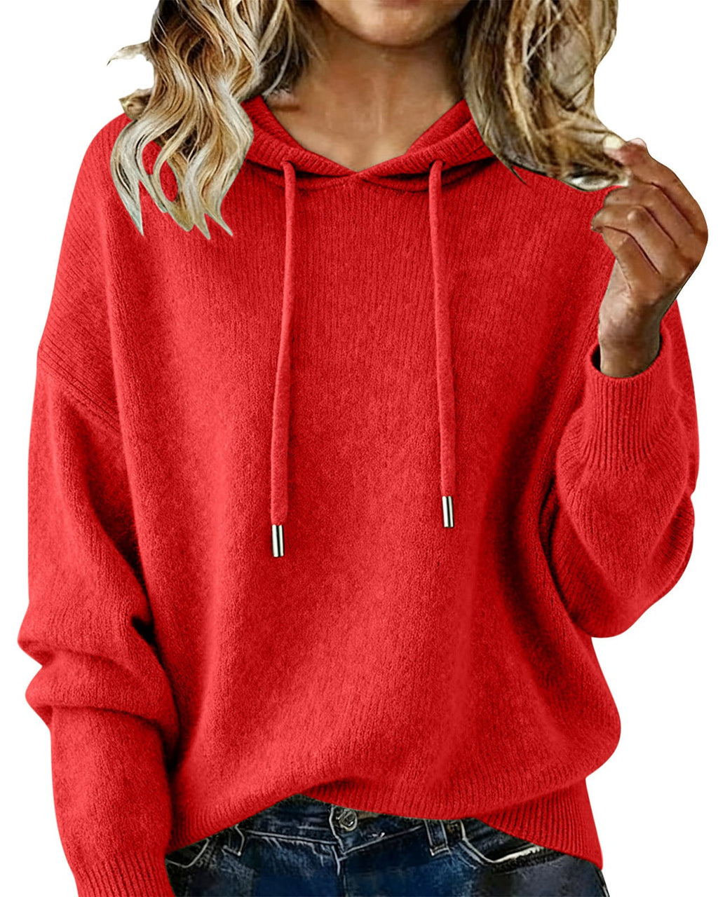 Relaxed Hooded Knit Pullover Sweater - Red